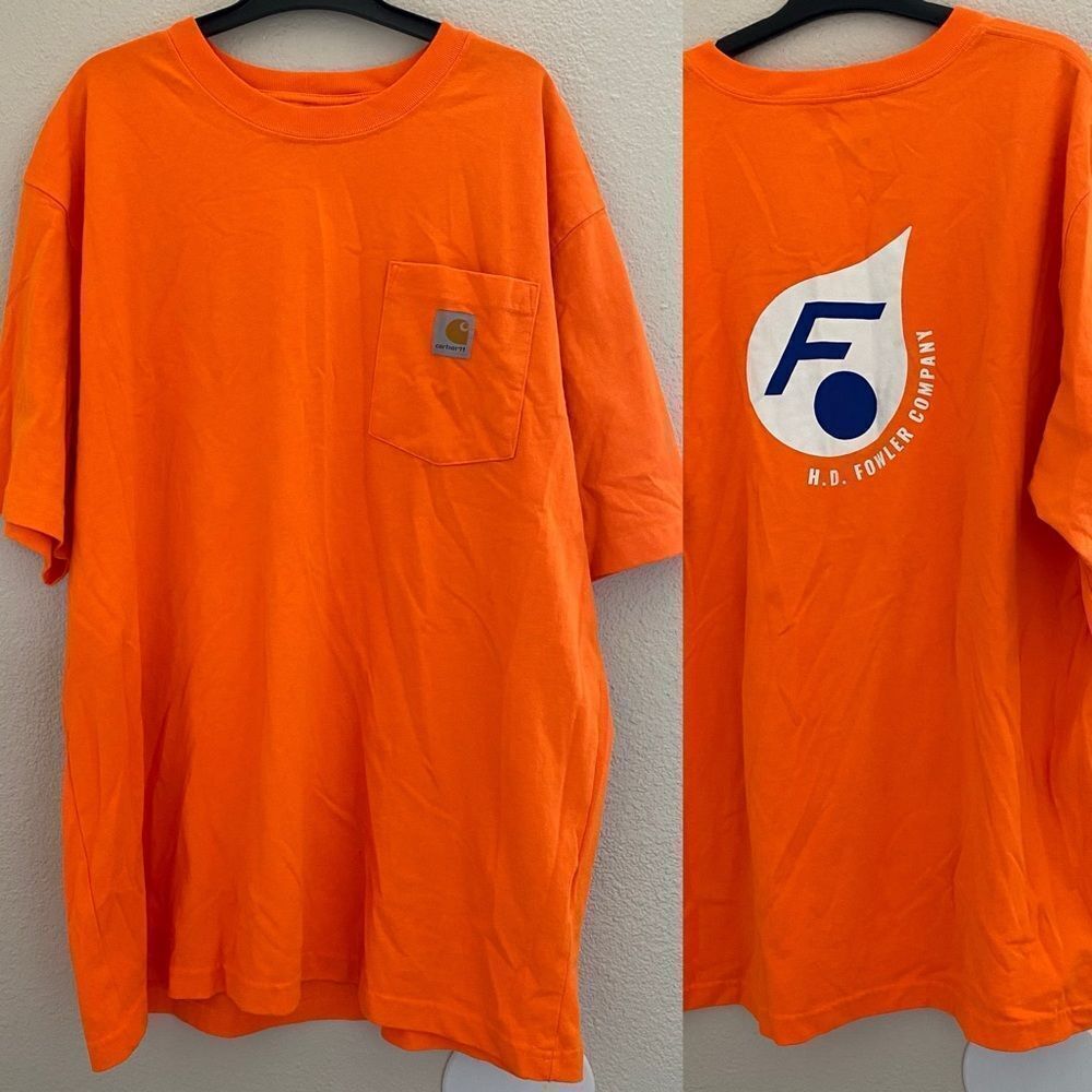 Carhartt Pocket T-Shirt crew neck neon safety orange company logo back t-shirt L